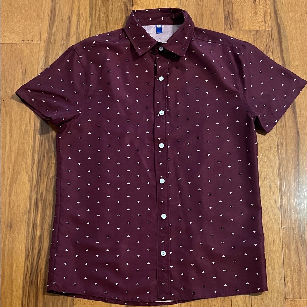 burgundy short-sleeve button-down shirt with a white anchor print